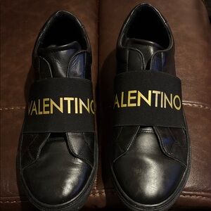 Valentino Black Leather Sneakers with Gold Logo